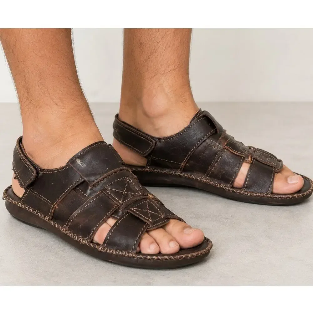 Florsheim Mens Brown Leather Fisherman Sandals Size 11 Wide Hook Loop Closure